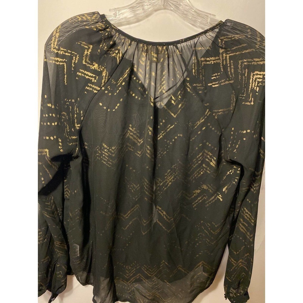 Olive & Oak Button Up Blouse Sheer Long Sleeves XS Black Brown Metallic Pattern - Picture 6 of 7